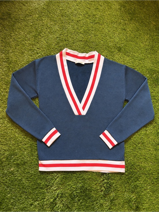 TNA Tops - Aritzia TNA Golden Navy Deep V Varsity Sweatshirt Red White Trim Small